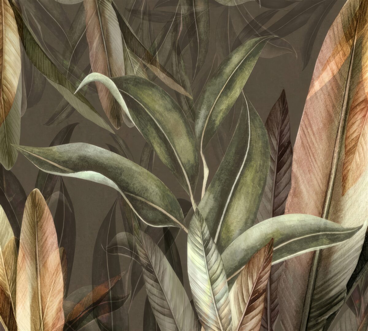 Papier peint feuilles dans les tons de brun et de vert