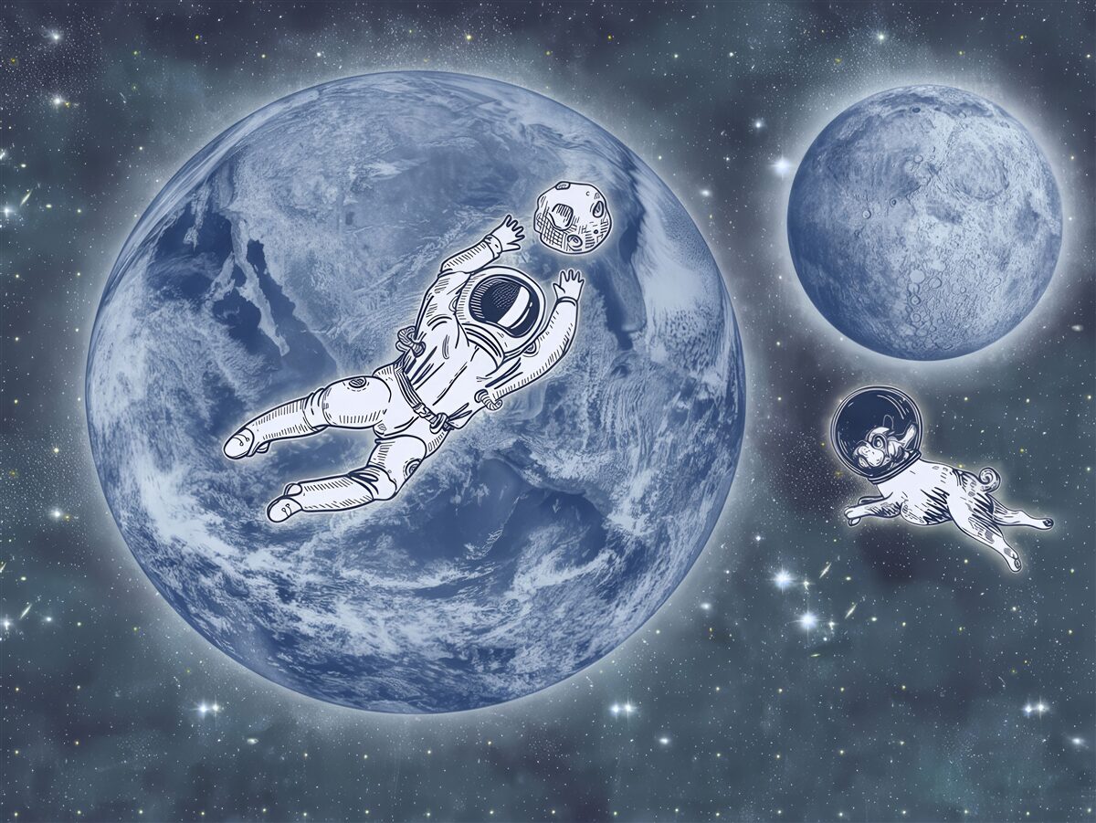 Papier peint Un astronaute et son chien s'envolent dans l'espace