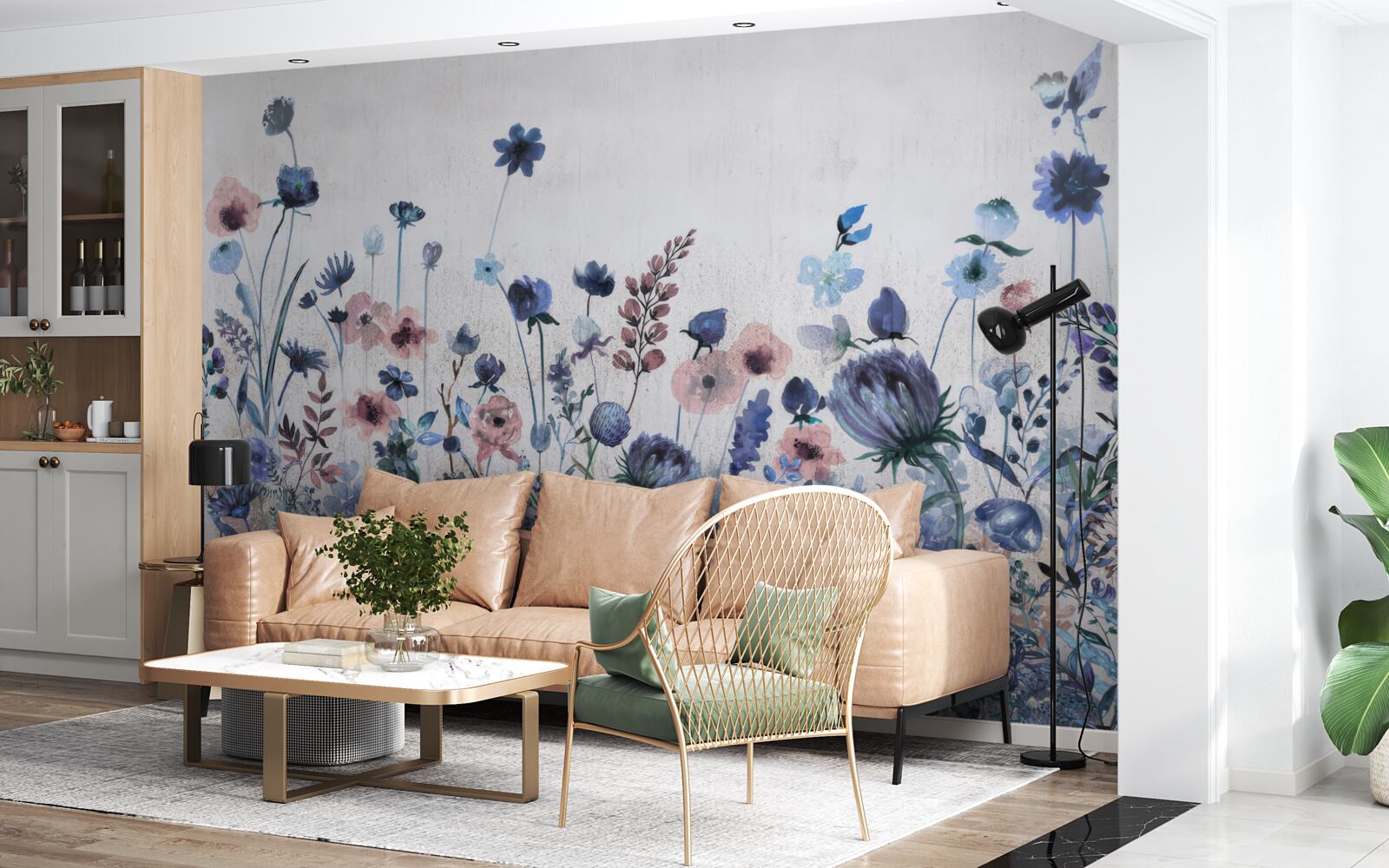 Papier peint des plantes et des fleurs dans les tons bleu et rose