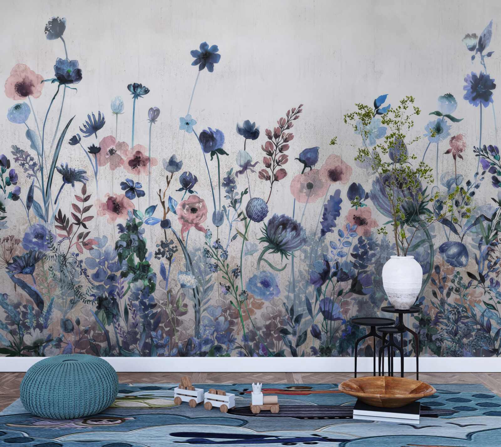 Papier peint des plantes et des fleurs dans les tons bleu et rose