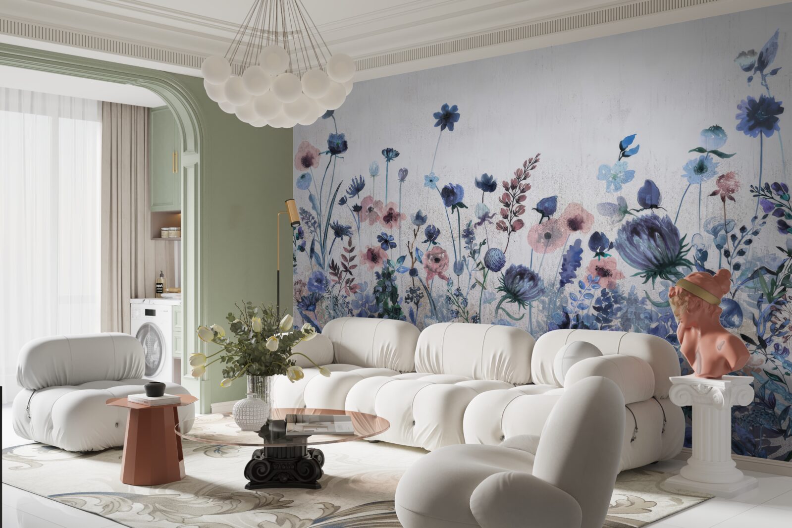 Papier peint des plantes et des fleurs dans les tons bleu et rose