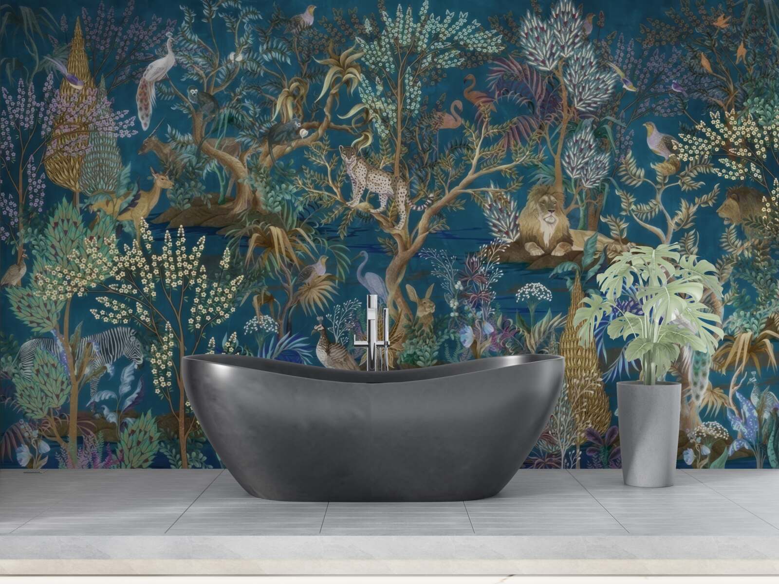 Papier peint fond sombre avec des images de plantes et d'animaux