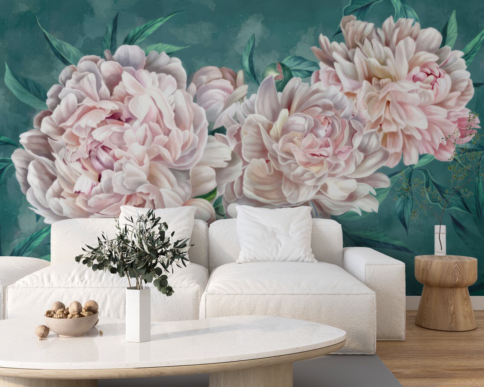 Papier peint pivoines dans une nuance rose délicate