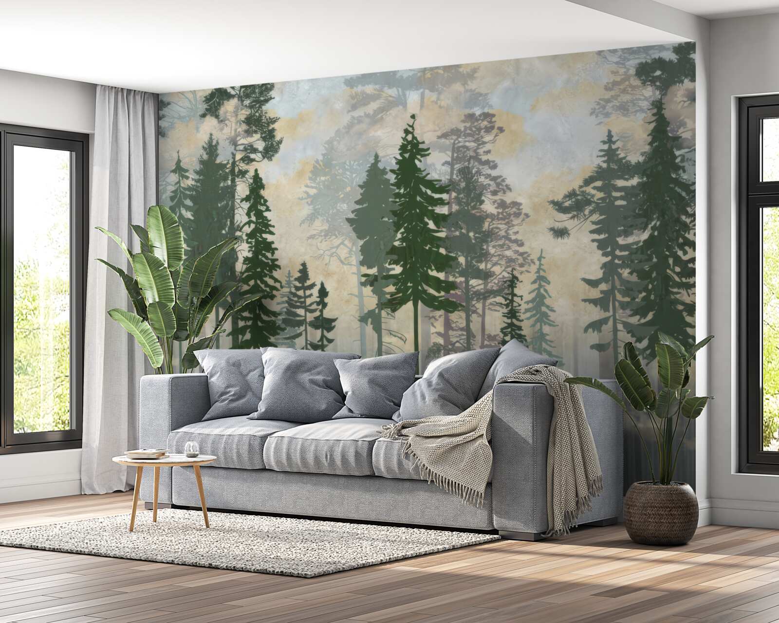 Papier peint forêt brumeuse entourée d'arbres