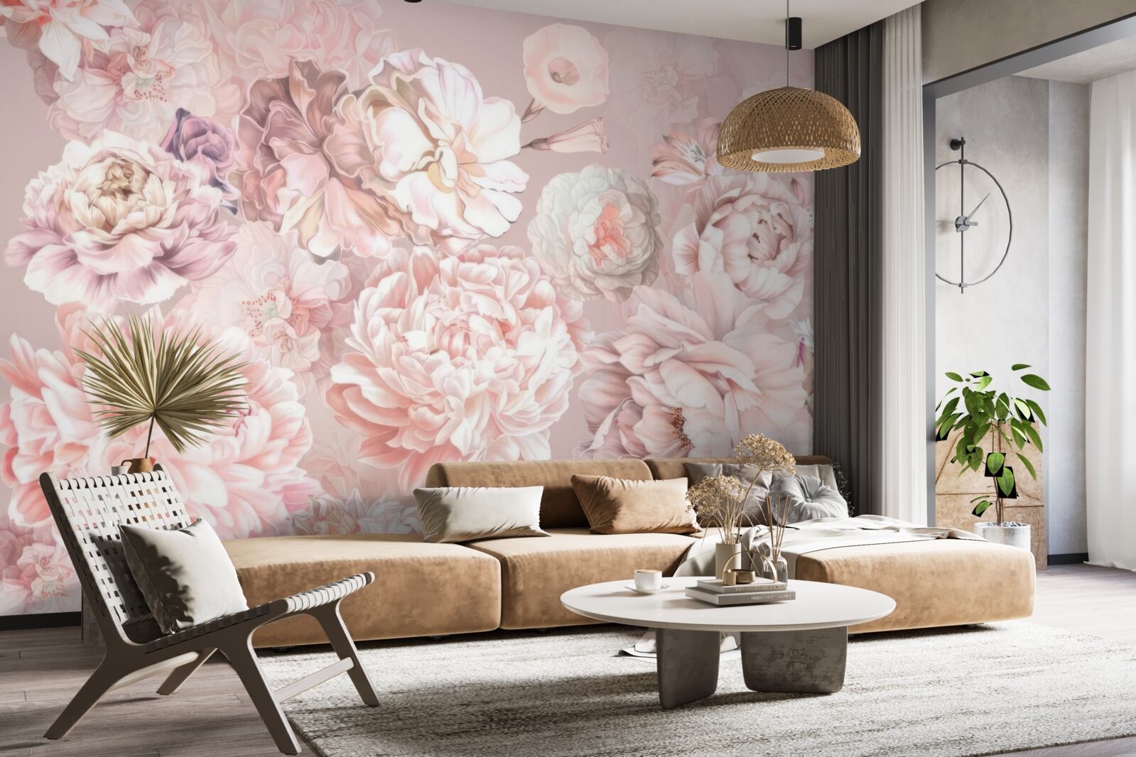 Papier peint grandes fleurs aux couleurs pastel