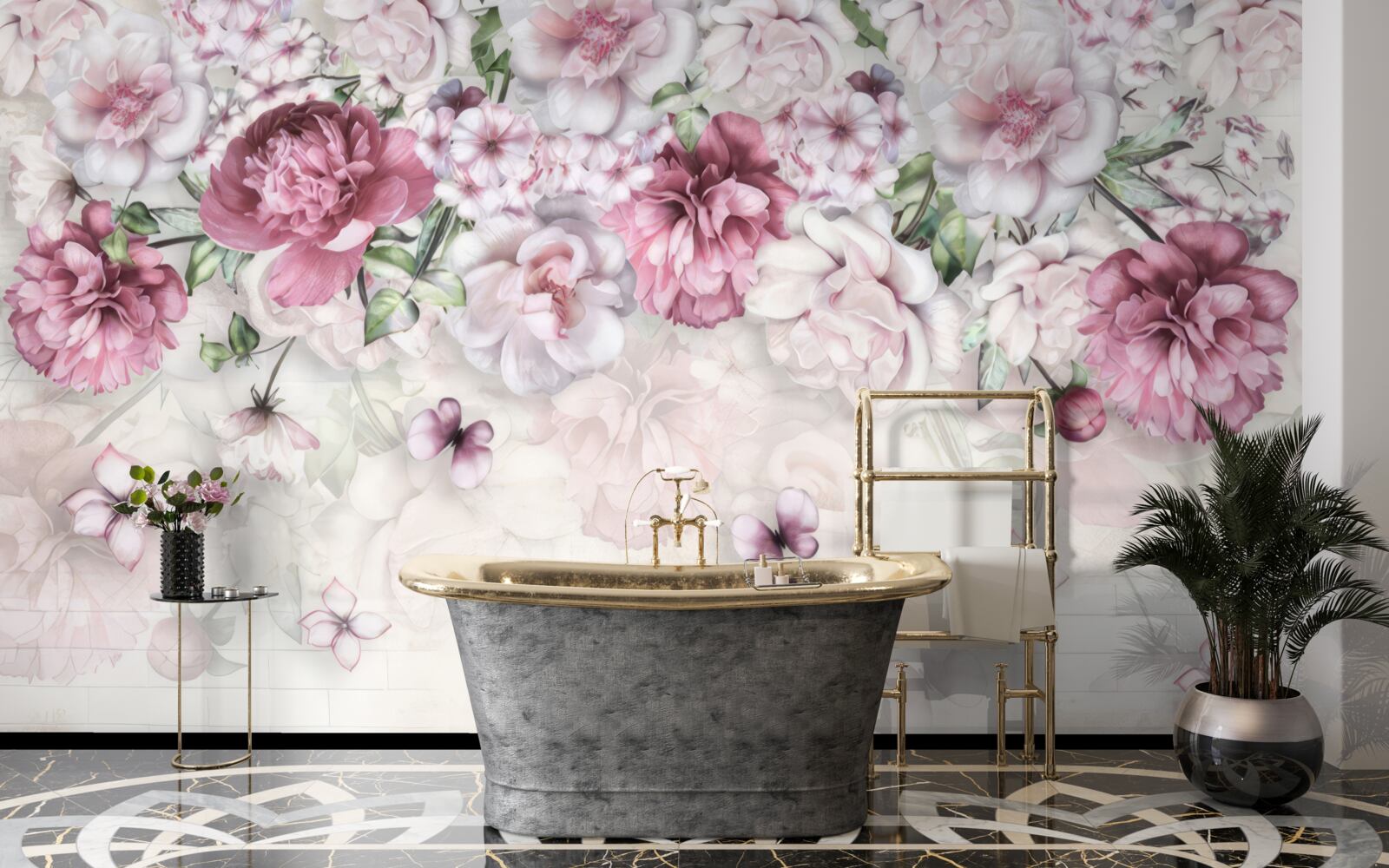 Papier peint des pivoines en fleurs dans une riche teinte lilas