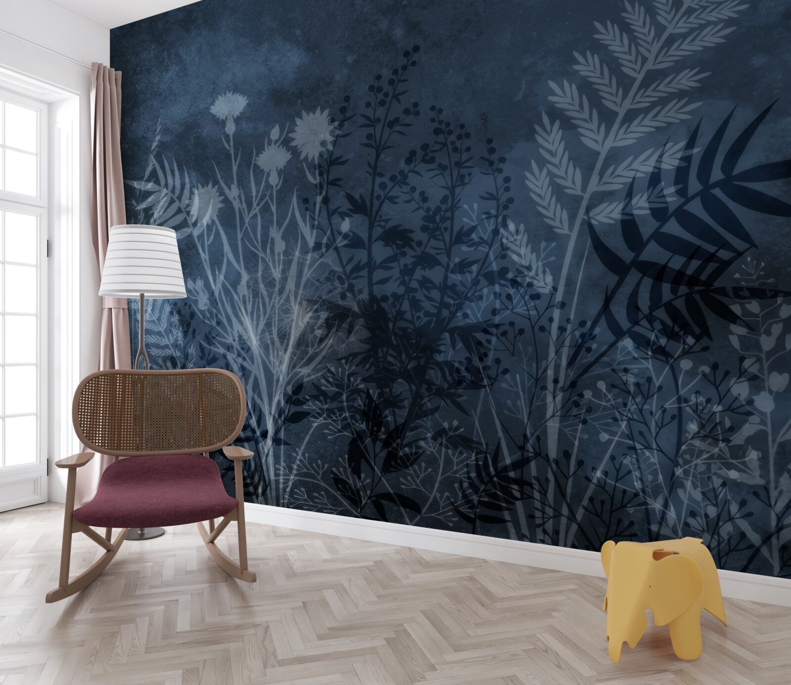 Papier peint la lune nocturne éclaire la prairie et les plantes