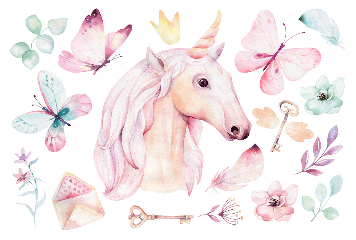 Papier peint licorne entourée de papillons et de clés