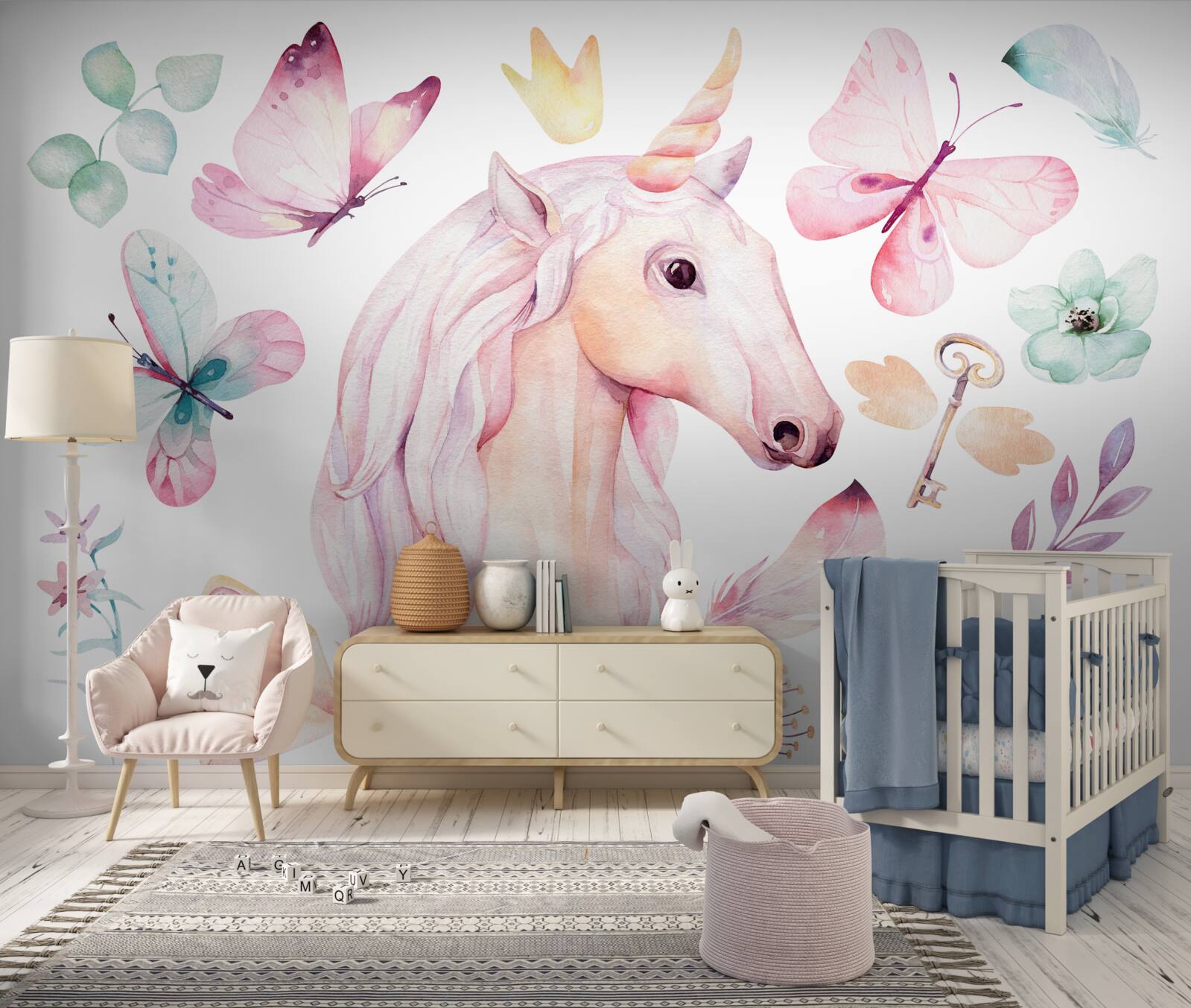 Papier peint licorne entourée de papillons et de clés