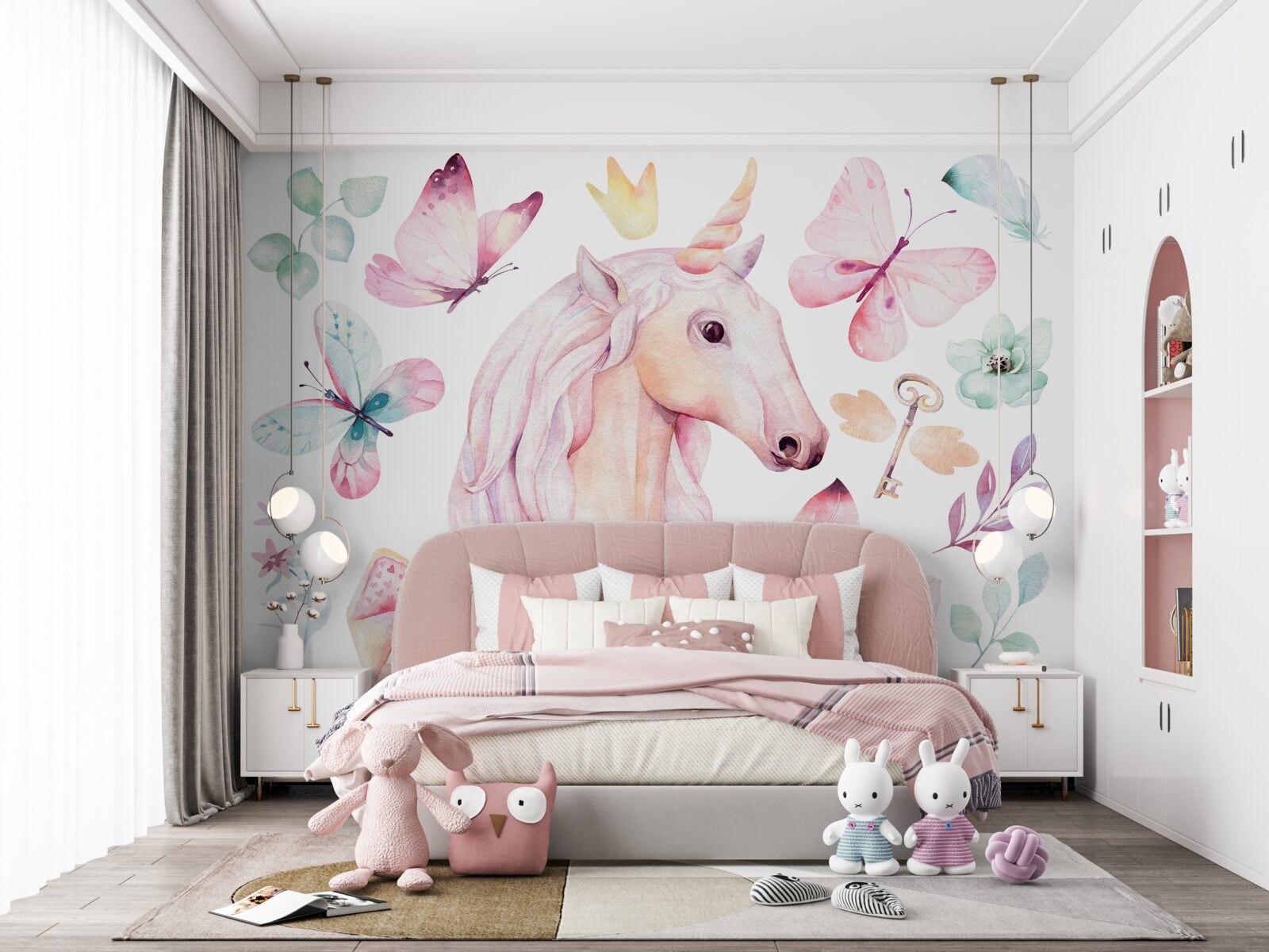 Papier peint licorne entourée de papillons et de clés