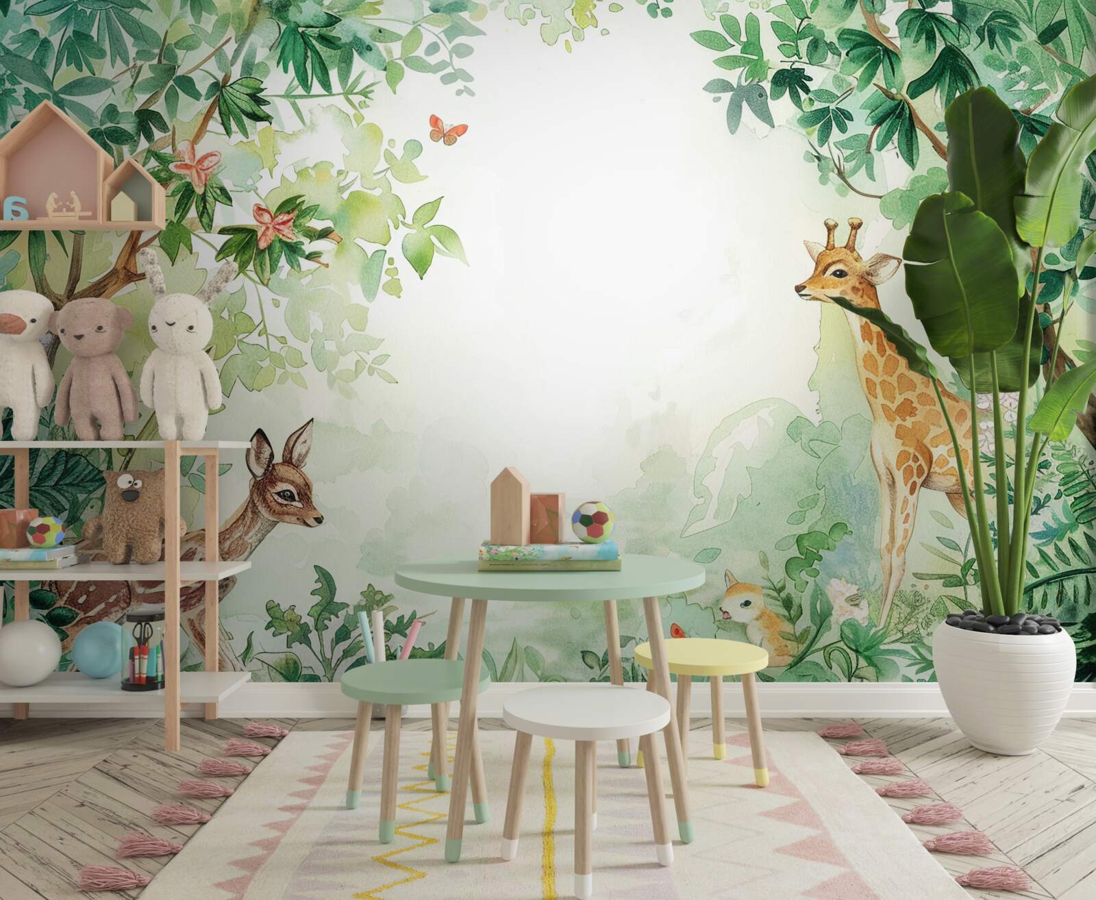 Papier peint La girafe et le cerf se font face