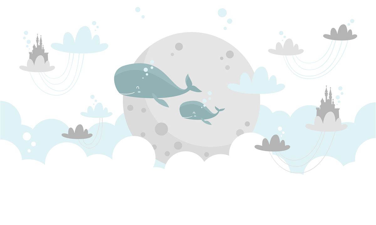 Papier peint une famille de baleines nage à travers les nuages
