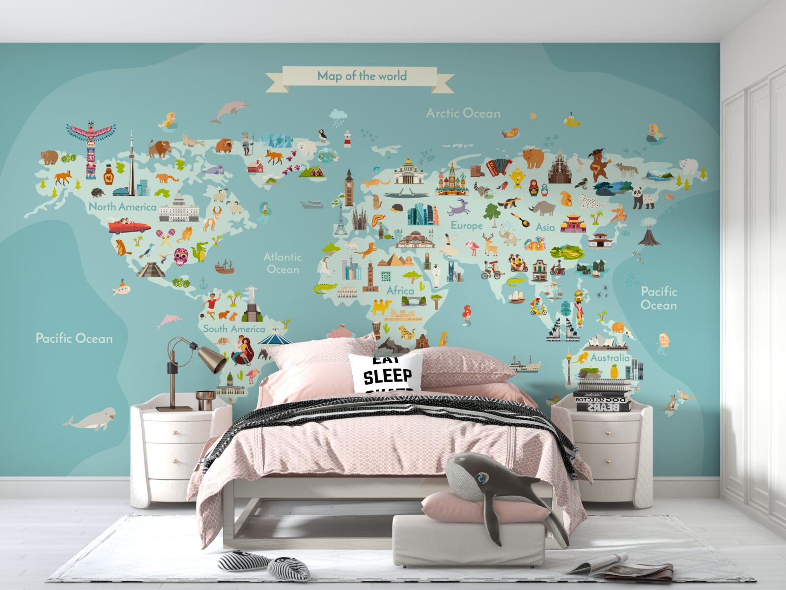 Papier peint carte du monde avec des points de repère marqués