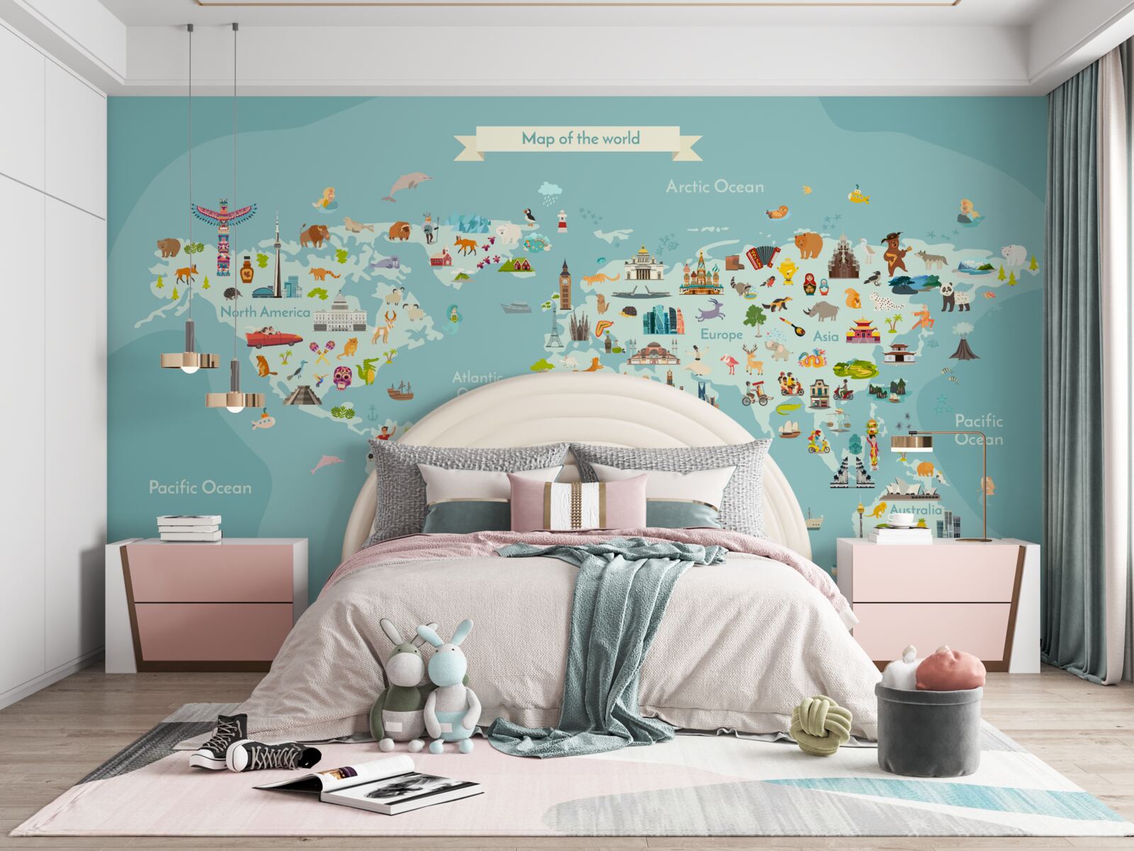 Papier peint carte du monde avec des points de repère marqués