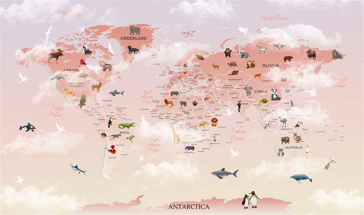 Papier peint carte du monde rose avec images et noms d'animaux