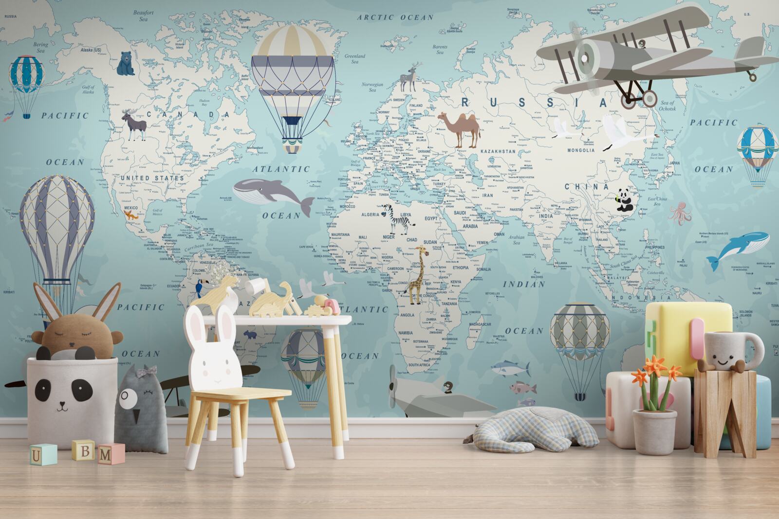 Papier peint carte du monde détaillée avec des ballons et des avions