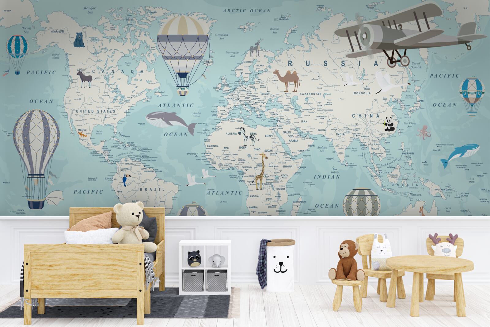 Papier peint carte du monde détaillée avec des ballons et des avions
