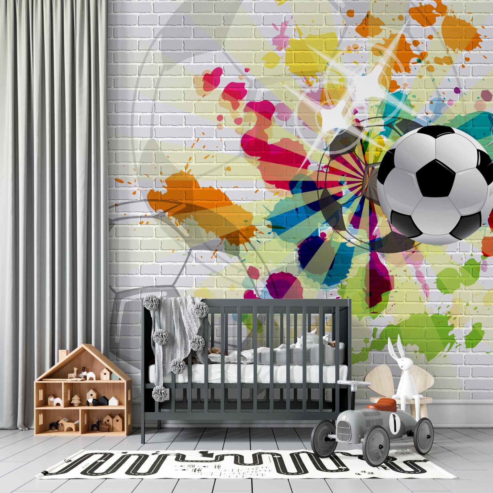 Papier peint une photo d'un ballon de football en fleurs est accrochée au mur