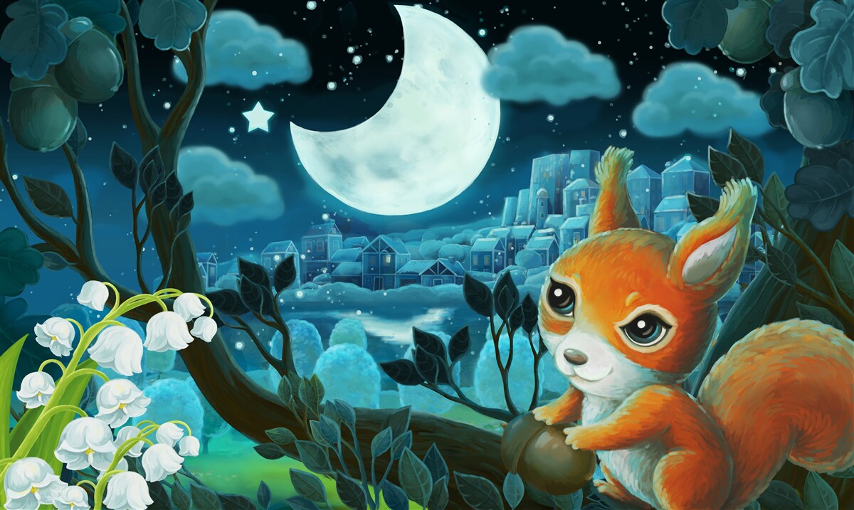 Papier peint l'écureuil admire la lune qui brille sur la ville