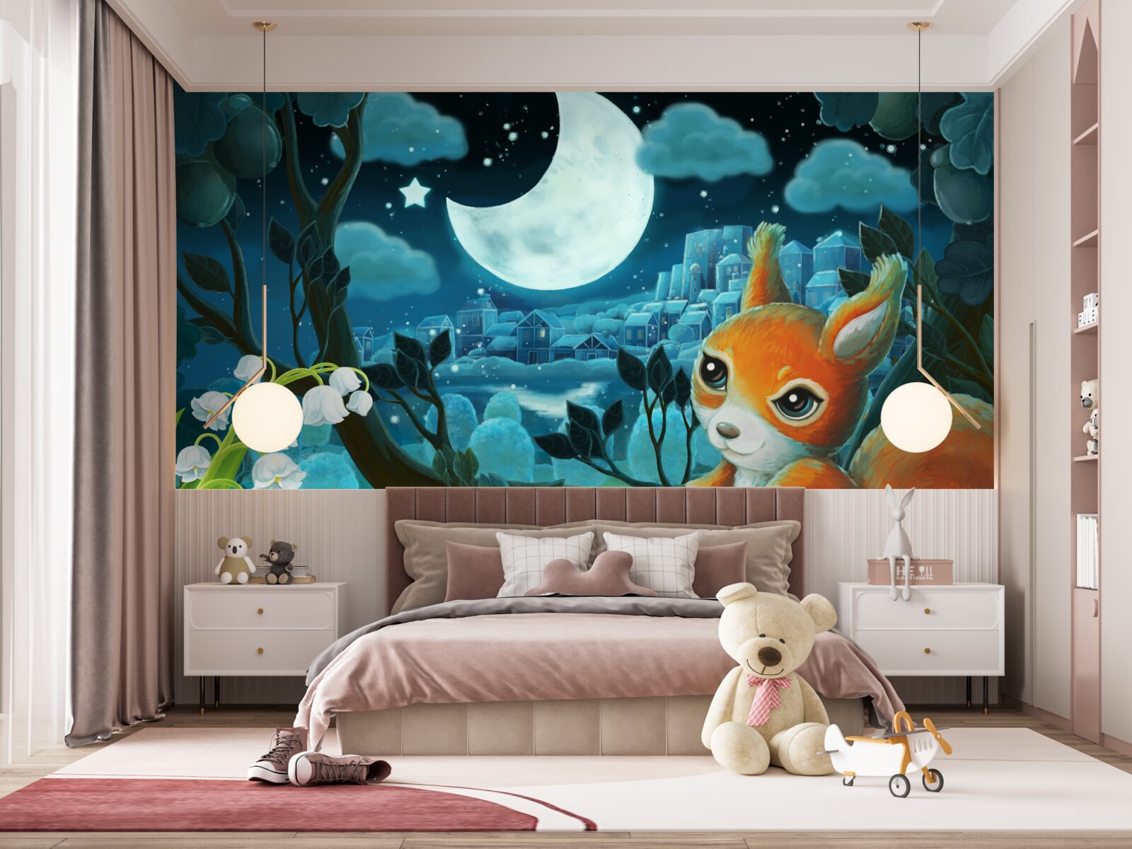 Papier peint l'écureuil admire la lune qui brille sur la ville
