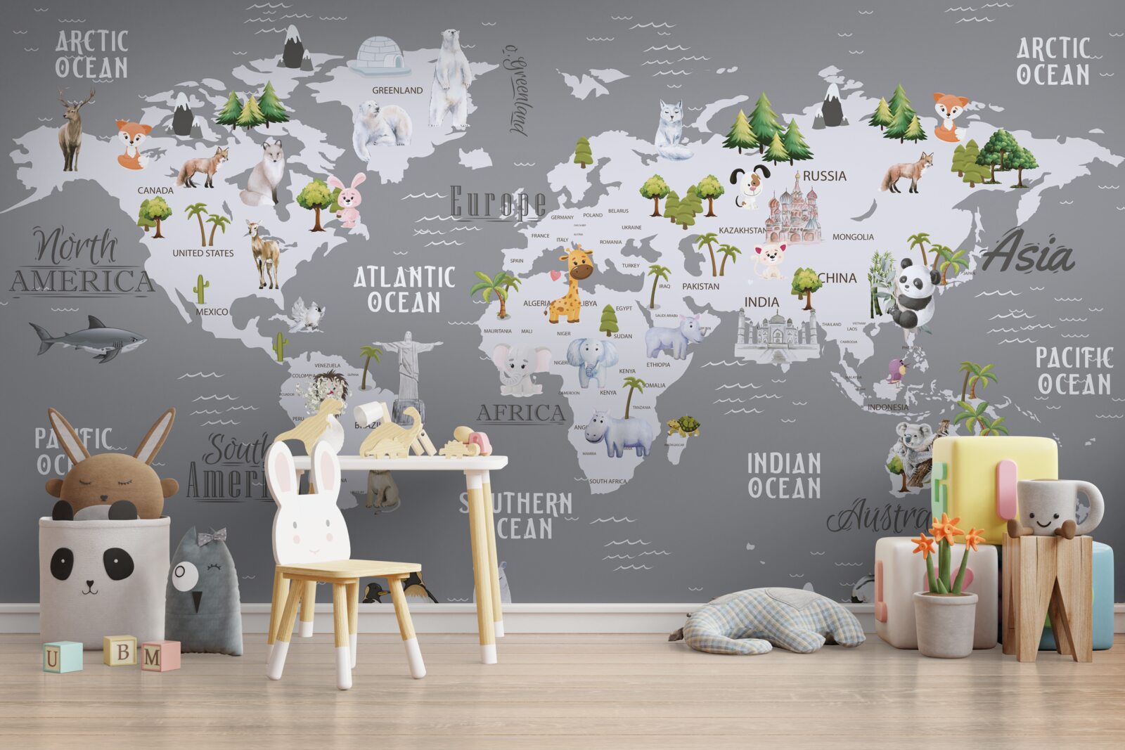 Papier peint carte du monde avec les principaux habitants et les monuments importants