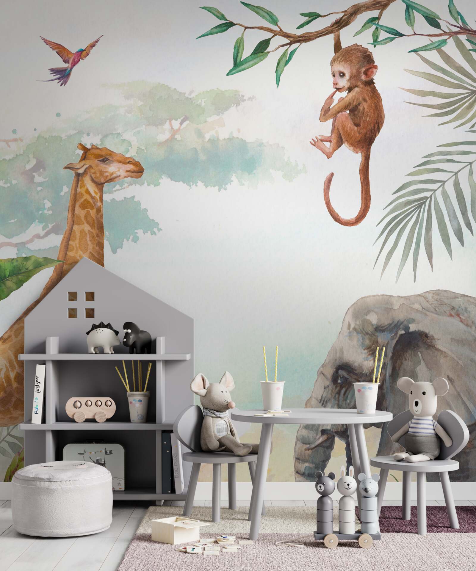 Papier peint Une girafe admire un singe dans un arbre