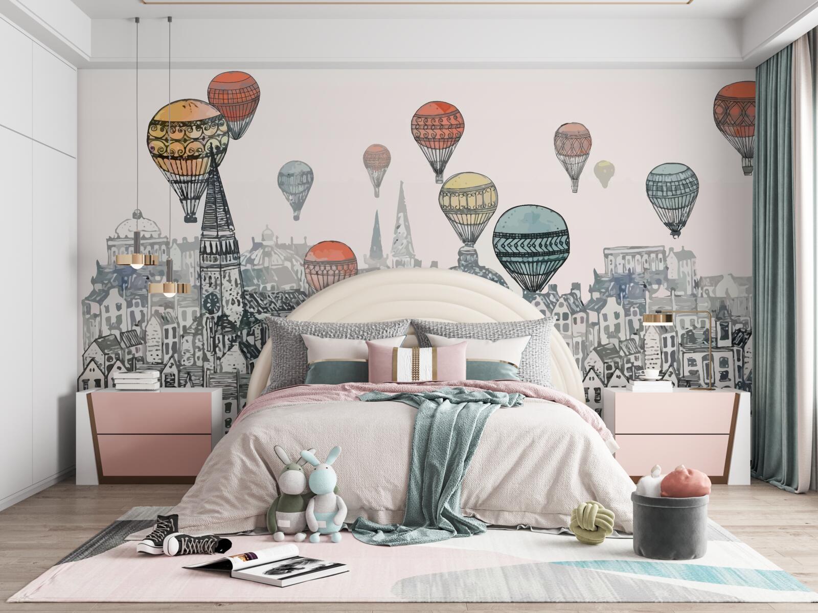 Papier peint des ballons survolent la ville
