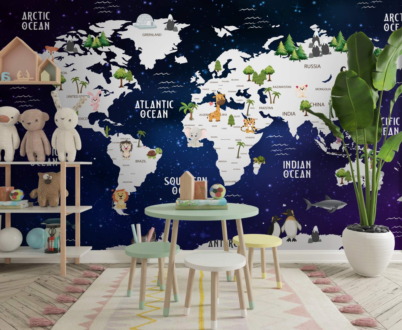 Papier peint carte du monde de nuit avec les océans marqués