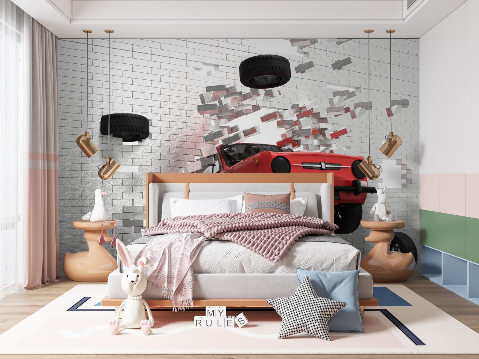 Papier peint la voiture perce un mur de briques