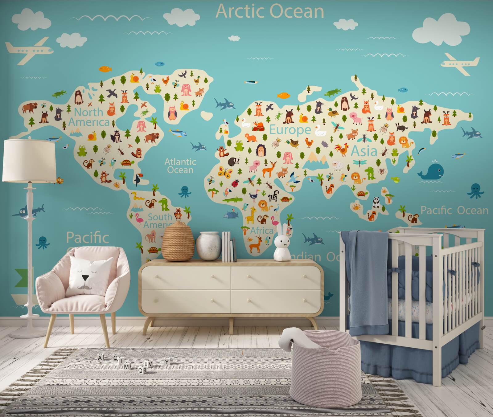 Papier peint carte du monde avec population et éléments naturels