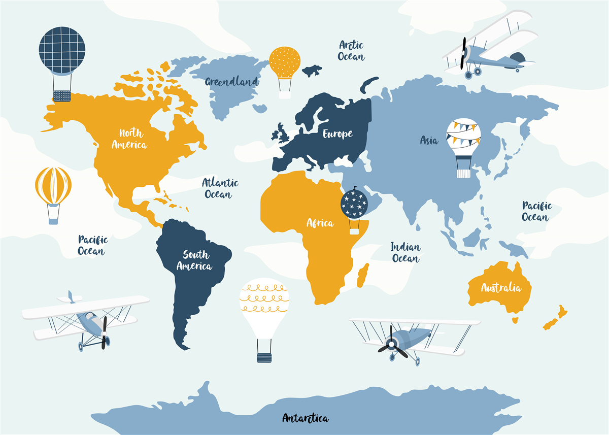 Papier peint carte du monde avec les noms des continents en couleur