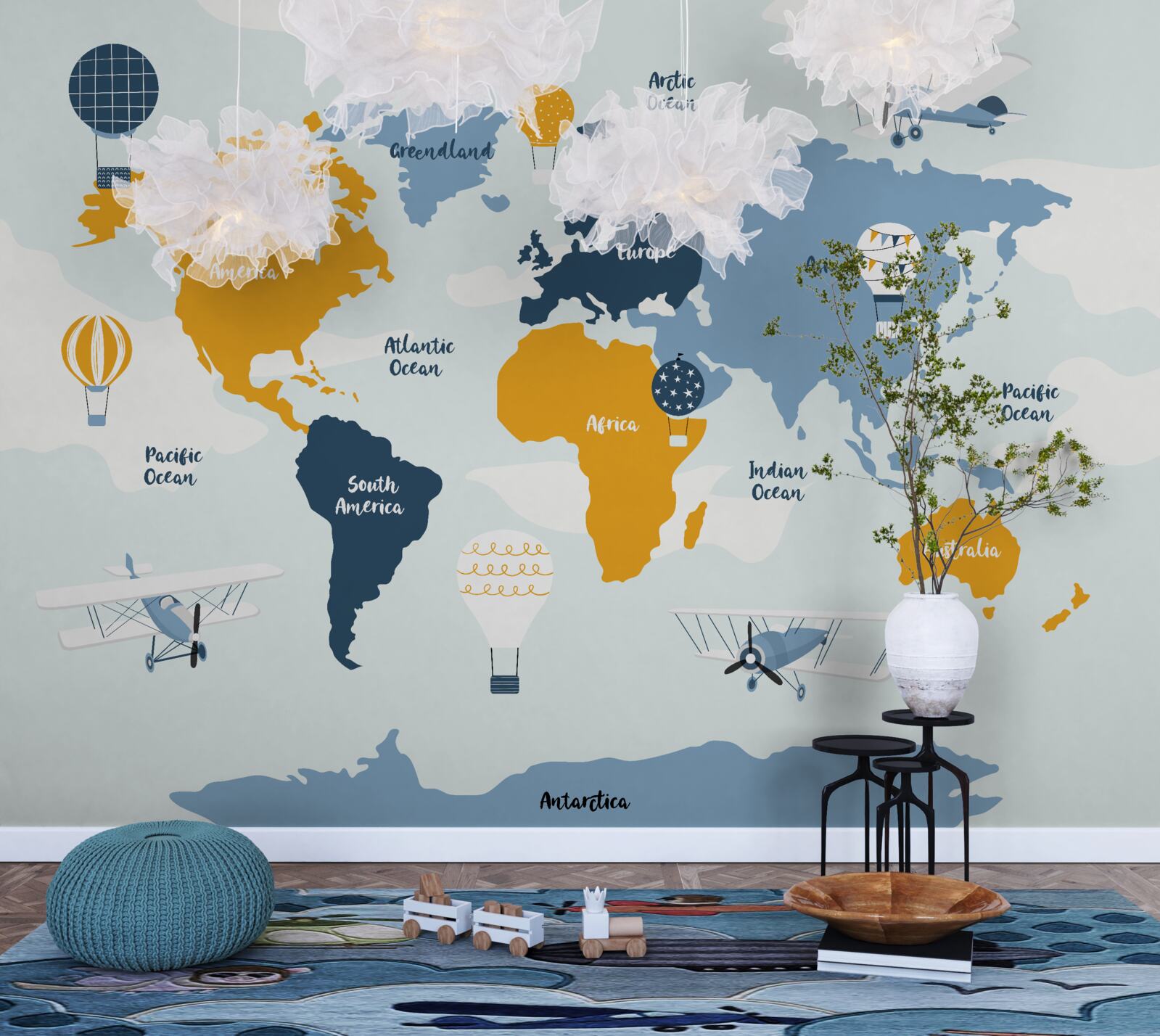 Papier peint carte du monde avec les noms des continents en couleur
