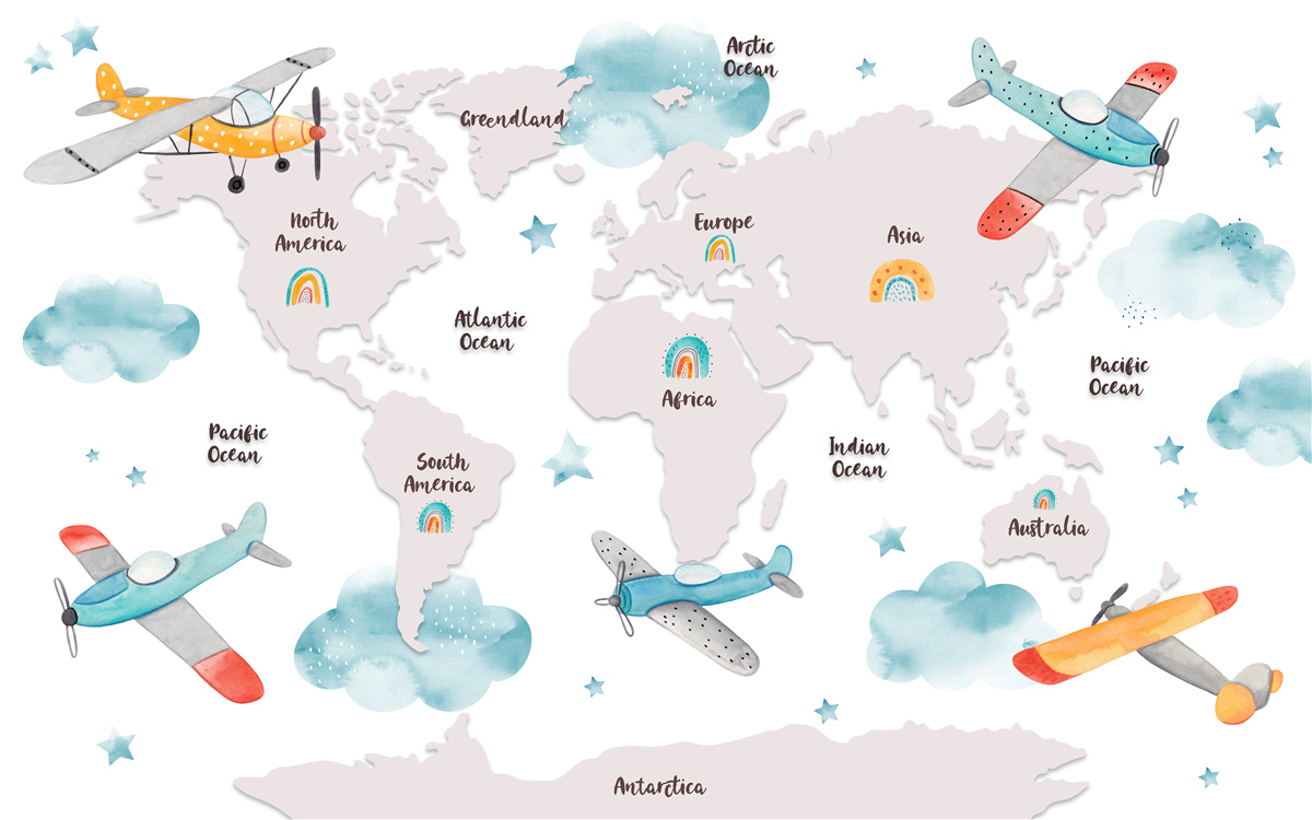Papier peint les noms des continents et des plans sur une carte planétaire