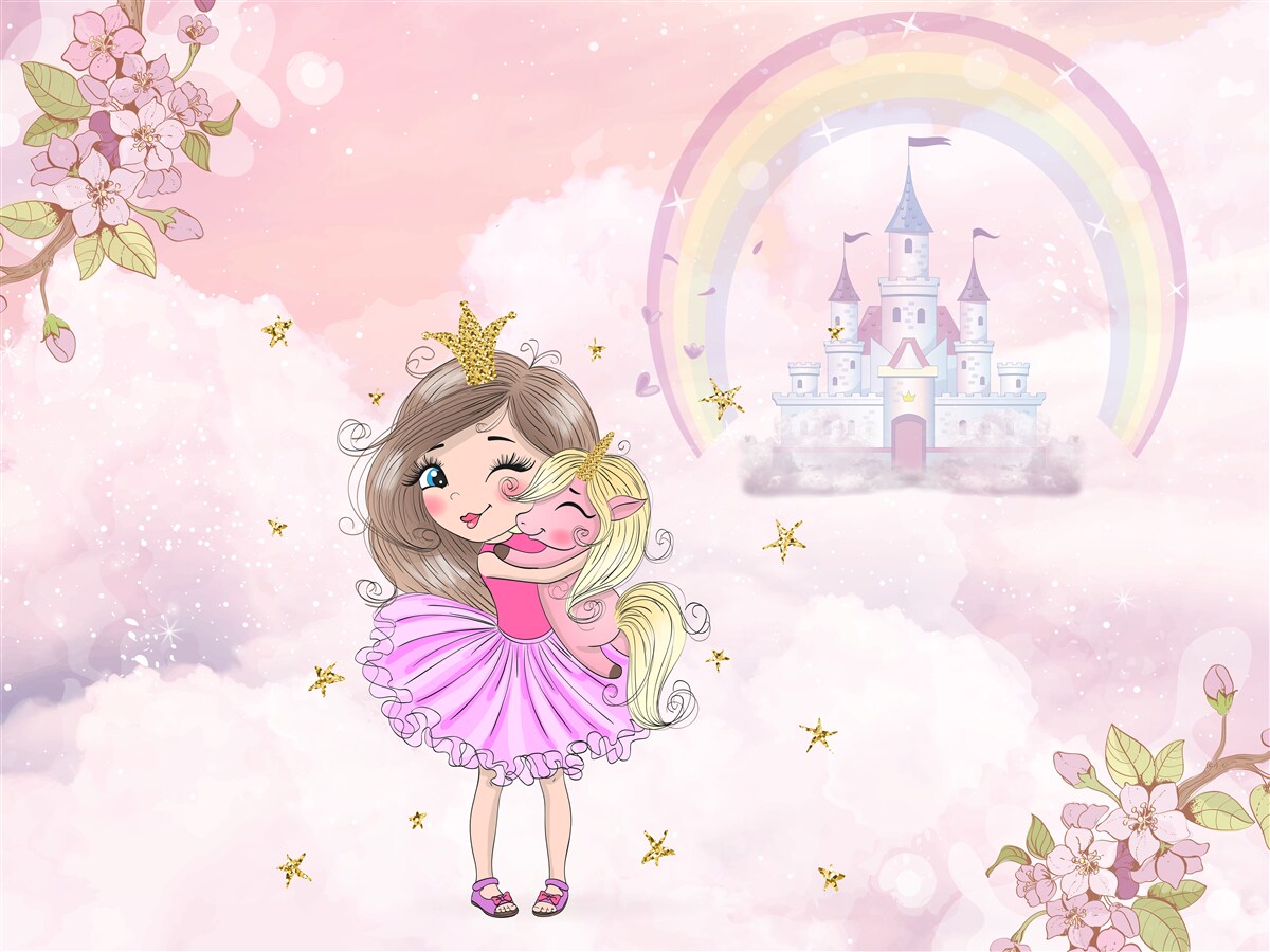 Papier peint près du château, il y a une fée et son amie la licorne