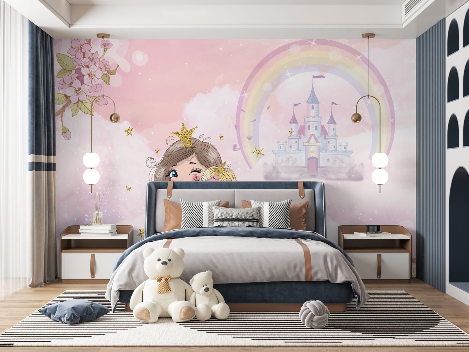 Papier peint près du château, il y a une fée et son amie la licorne