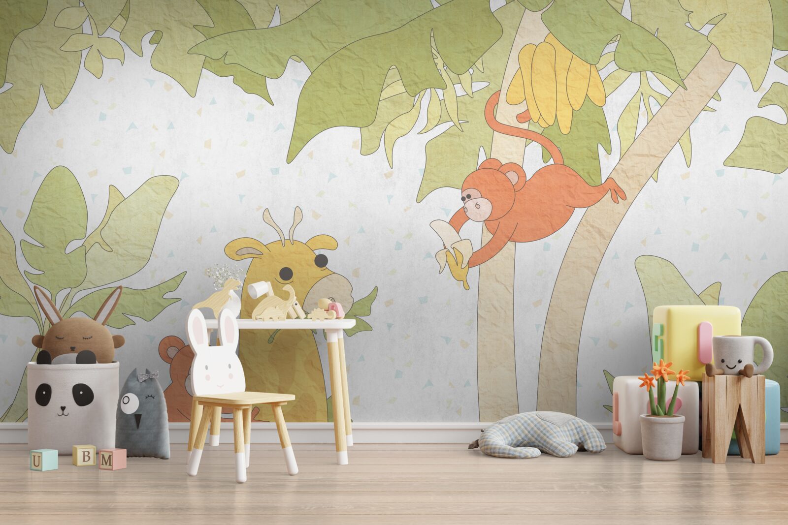 Papier peint La girafe est nourrie par des singes
