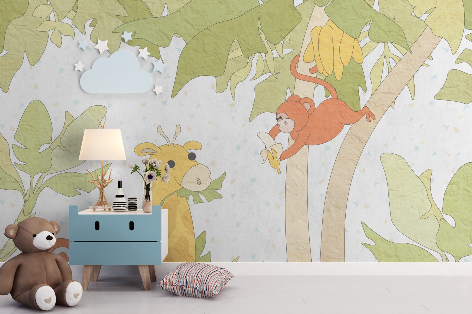 Papier peint La girafe est nourrie par des singes