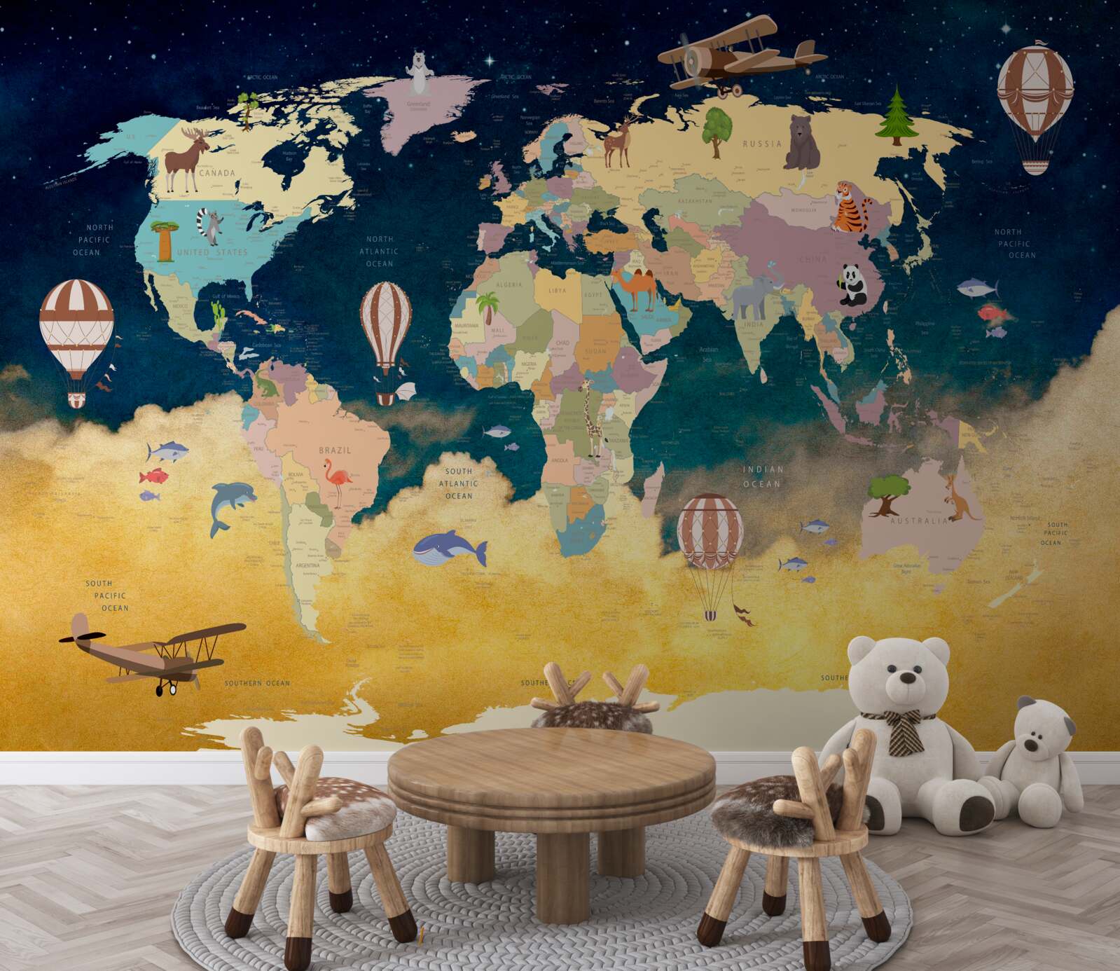 Papier peint carte du monde en bleu et jaune