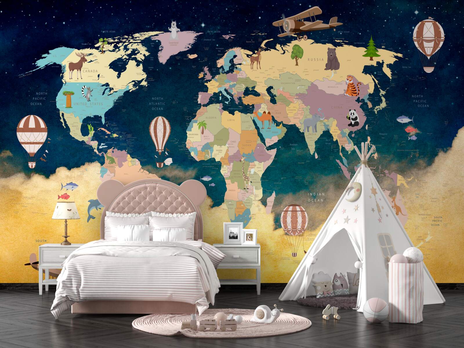 Papier peint carte du monde en bleu et jaune
