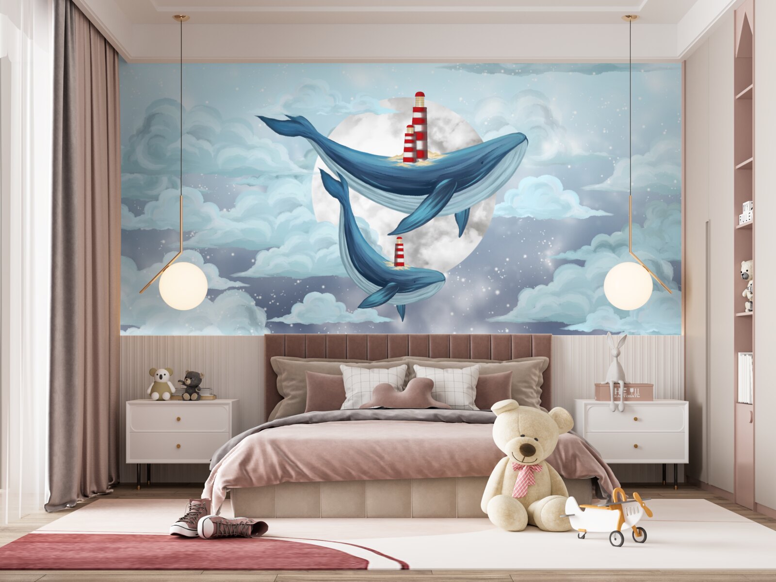 Papier peint baleines sur fond de lune nuageuse