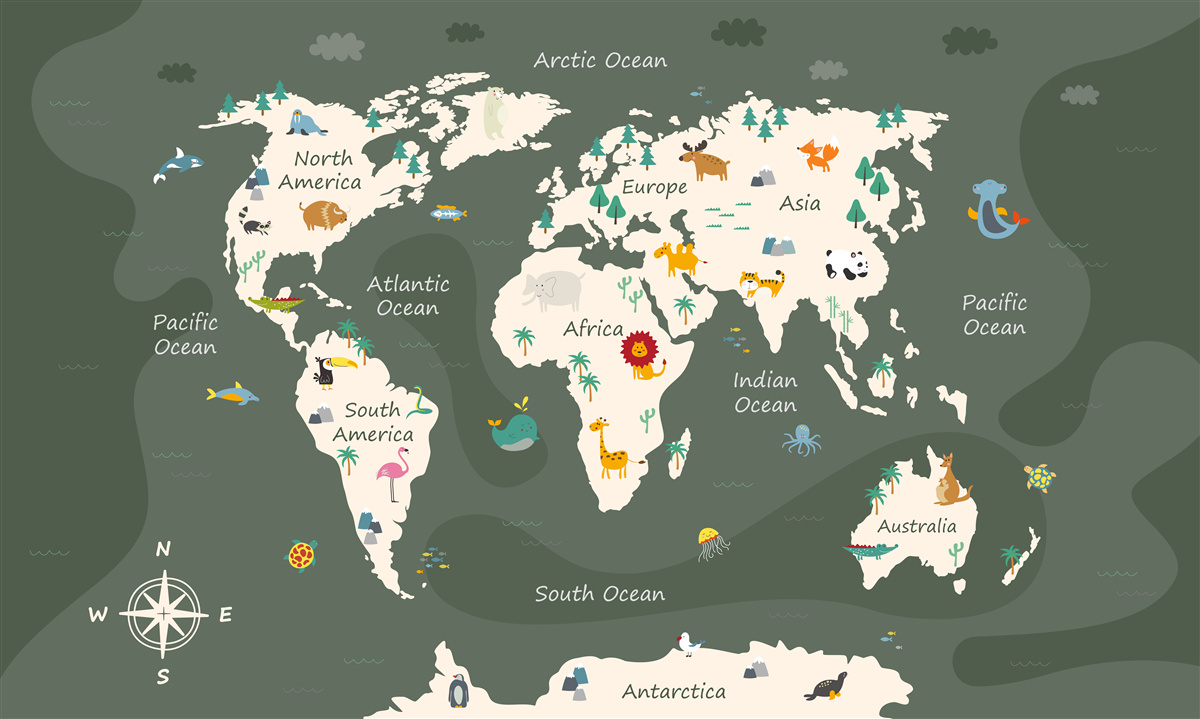 Papier peint carte du monde la nuit avec des images d'animaux clés