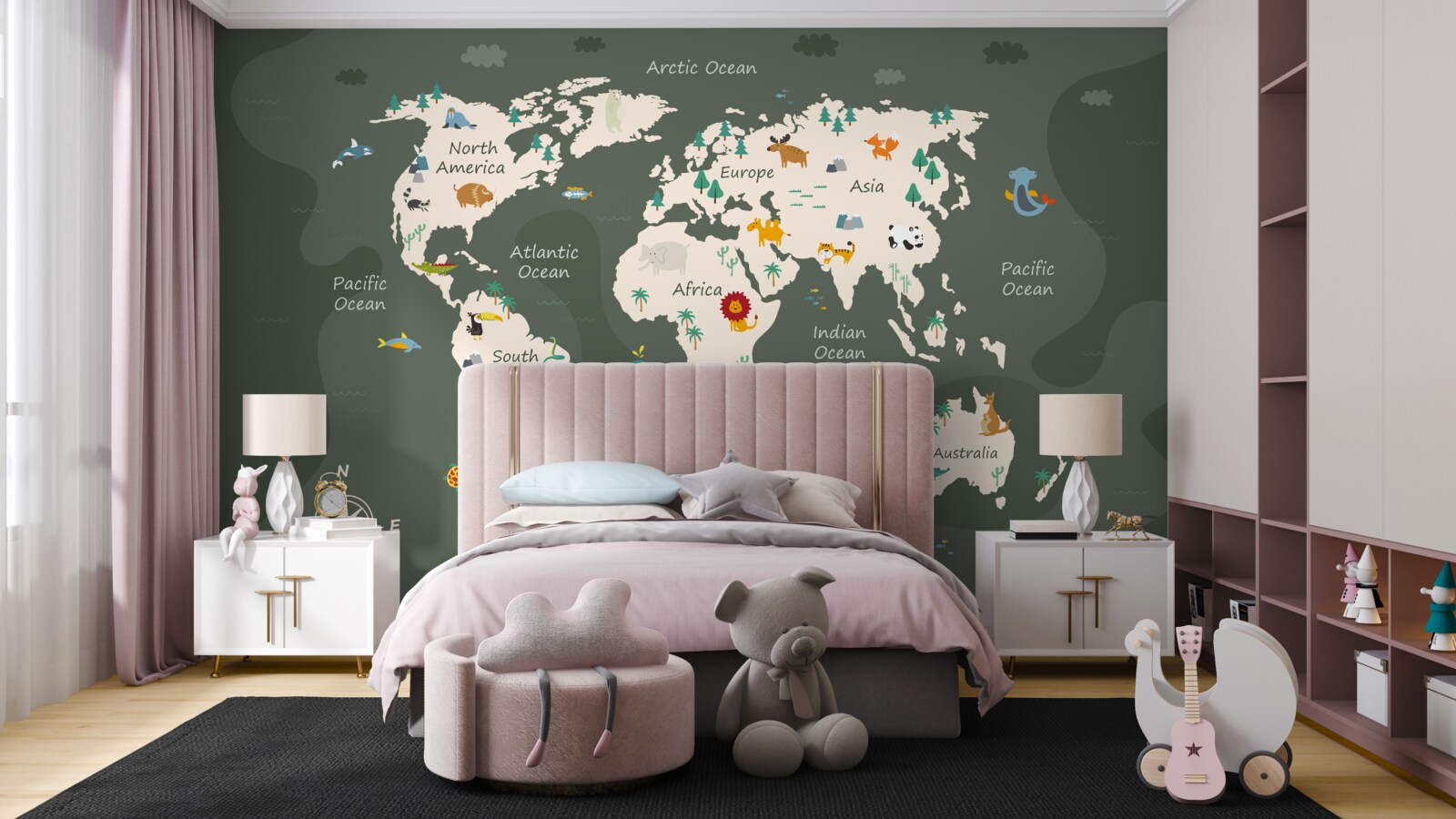 Papier peint carte du monde la nuit avec des images d'animaux clés