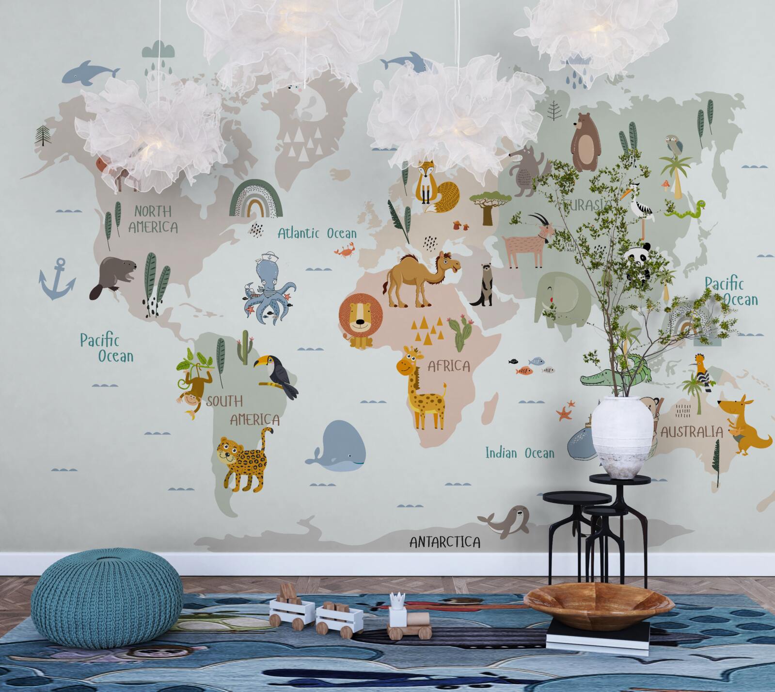 Papier peint carte du monde et représentants des continents
