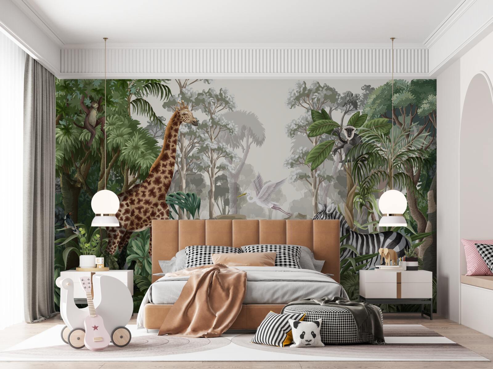 Papier peint Girafe, tigre et zèbre dans la forêt tropicale