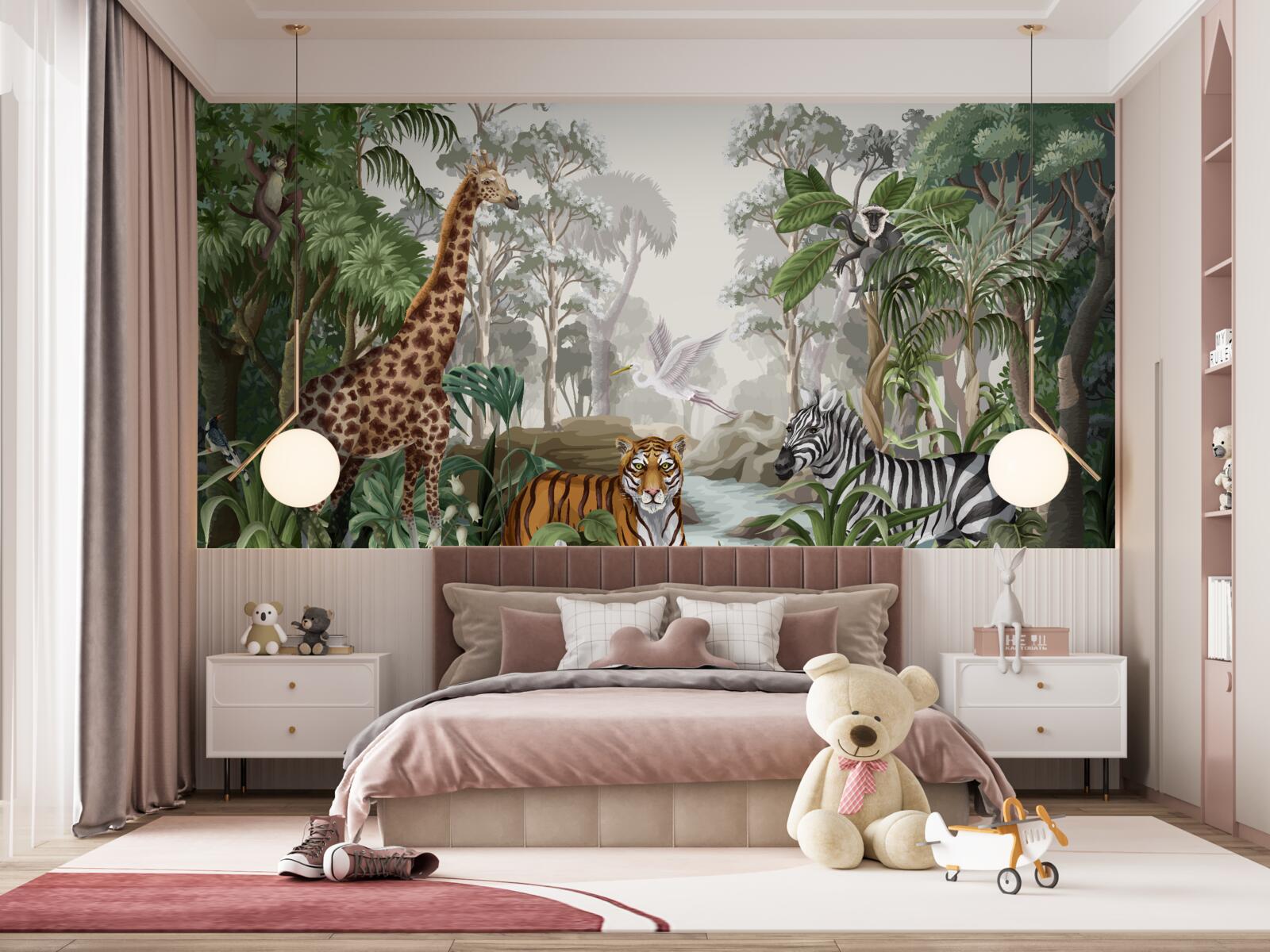 Papier peint Girafe, tigre et zèbre dans la forêt tropicale