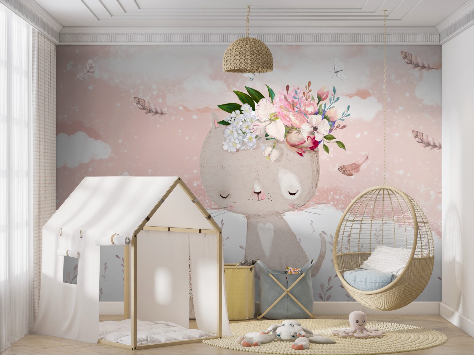 Papier peint chat mignon parmi les fleurs