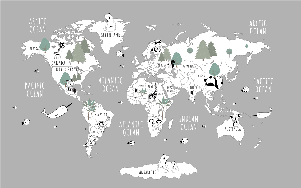 Papier peint carte du monde en blanc, décorée de pandas