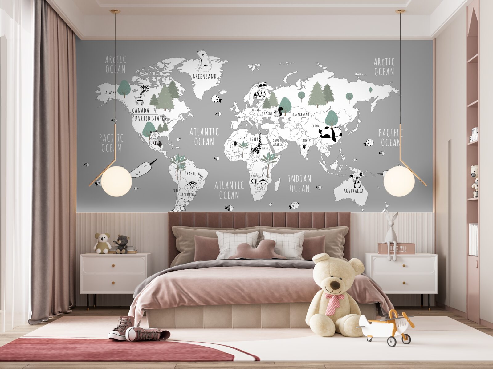 Papier peint carte du monde en blanc, décorée de pandas