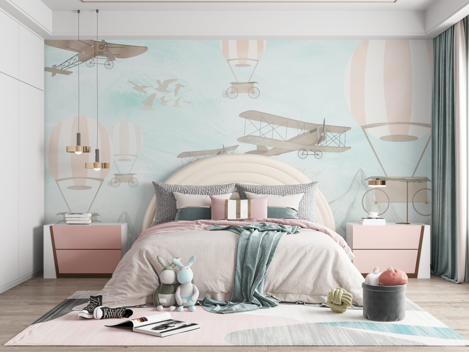 Papier peint des ballons et des avions survolent les montagnes