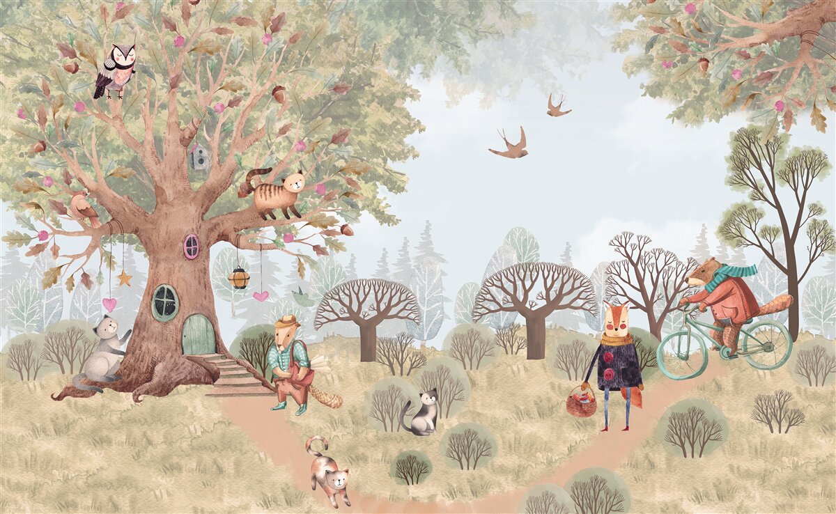 Papier peint une maison d'animaux dans un arbre magique